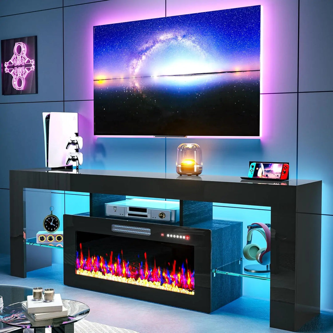 70" Fireplace TV Stand for TVs Up to 75", High Gloss Entertainment Center with 36" Electric Fireplace Heater, 7 Color LED Strip