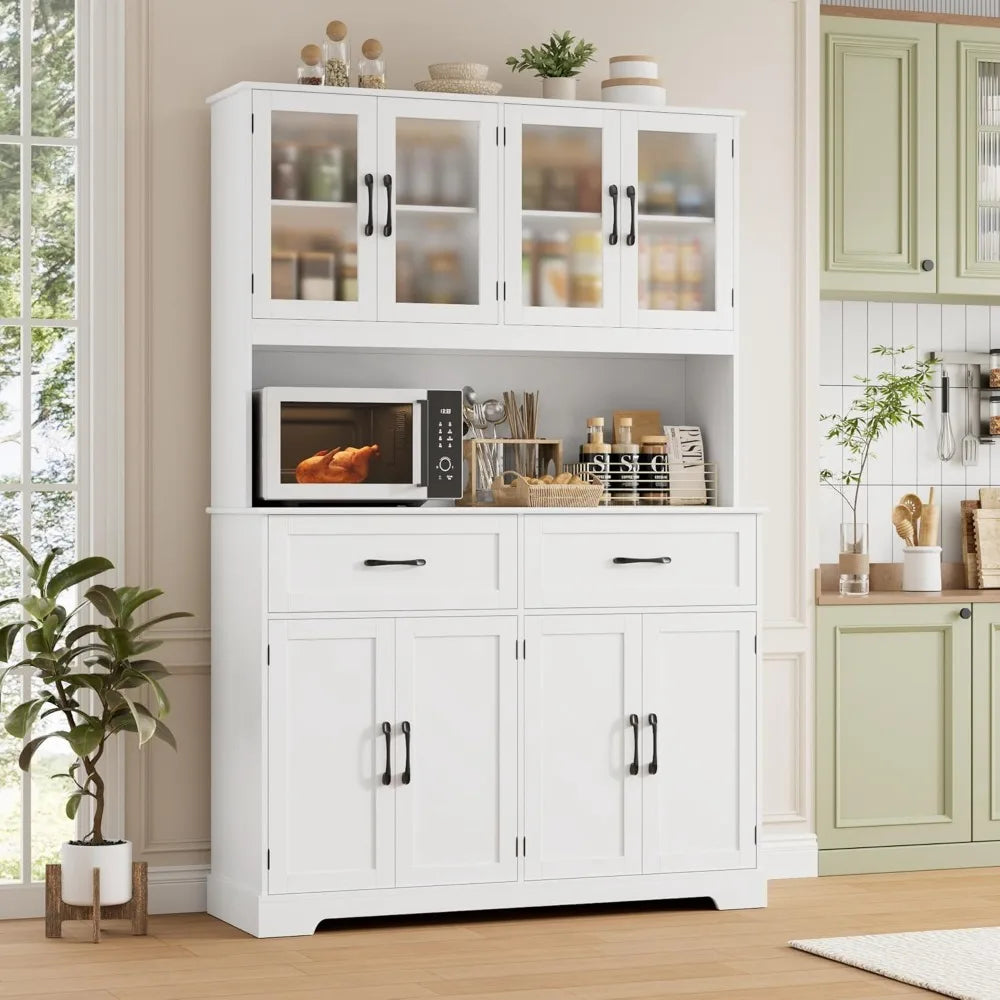 71" Kitchen Pantry Storage Cabinet, Kitchen Hutch with Microwave Stand, Large Pantry Cabinet with Drawers, Glass Doors