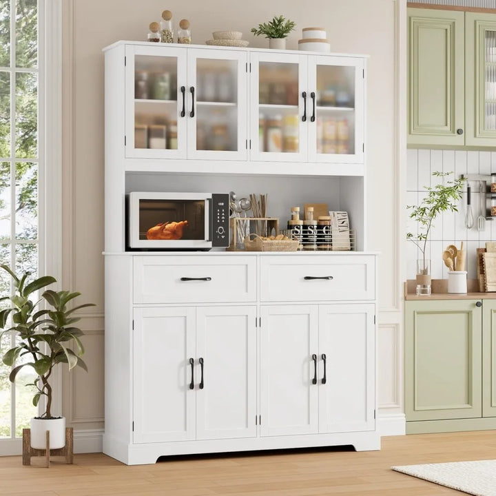 71" Kitchen Pantry Storage Cabinet, Kitchen Hutch with Microwave Stand, Large Pantry Cabinet with Drawers, Glass Doors
