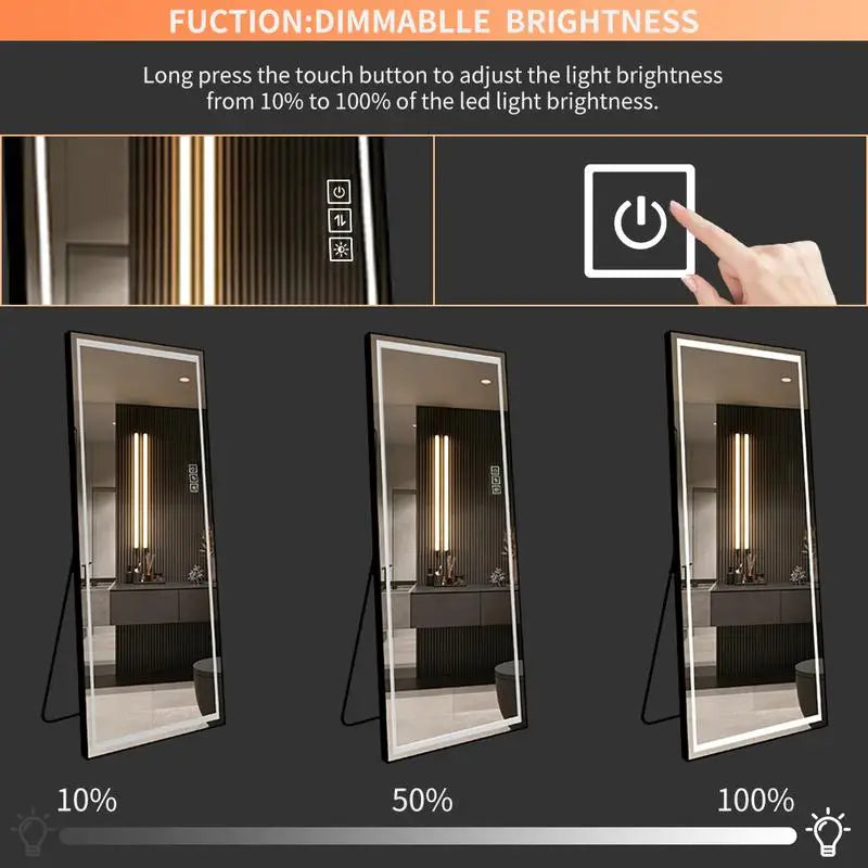 LED Full-Length Floor Mirror with Lights - Tall Standing Dressing Mirror for Bedroom - Large Full Body Lighted Mirror with