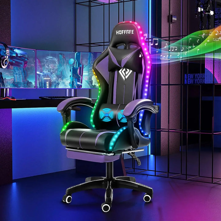 RGB Gaming Chair with Speakers Massage Computer Gaming Chair with LED Lights and Footrest High Back Video Game Chair