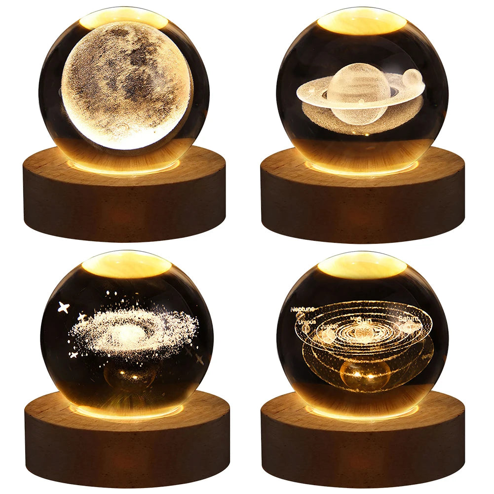 USB LED Night Light Galaxy Crystal Ball 3D Moon Planet Table Lamp Decor Bedroom Atmosphere Lamp for Birthday Kids Xmas Gifts