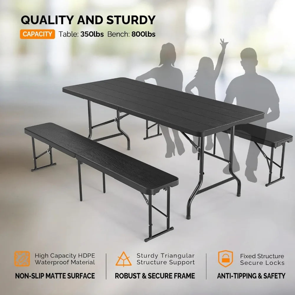 Picnic Table Set with 2 Benches, 6 Feet Camping Table Chair Set, 3-Piece Folding Furniture for Indoor or Outdoor Use, Tree Patt