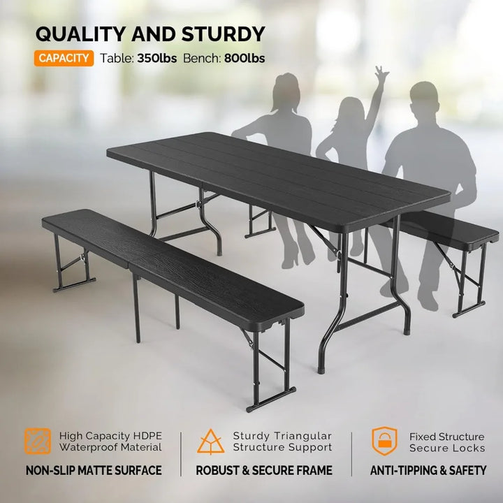 Picnic Table Set with 2 Benches, 6 Feet Camping Table Chair Set, 3-Piece Folding Furniture for Indoor or Outdoor Use, Tree Patt