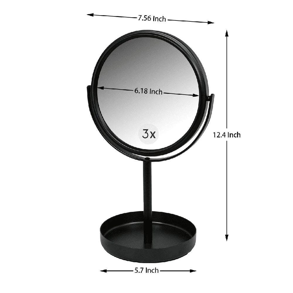Dual-Sided Vanity Mirror 360 Degree Swivel Compact Design Freestanding Durable Metal Construction Elegant Makeup Organizer Tray