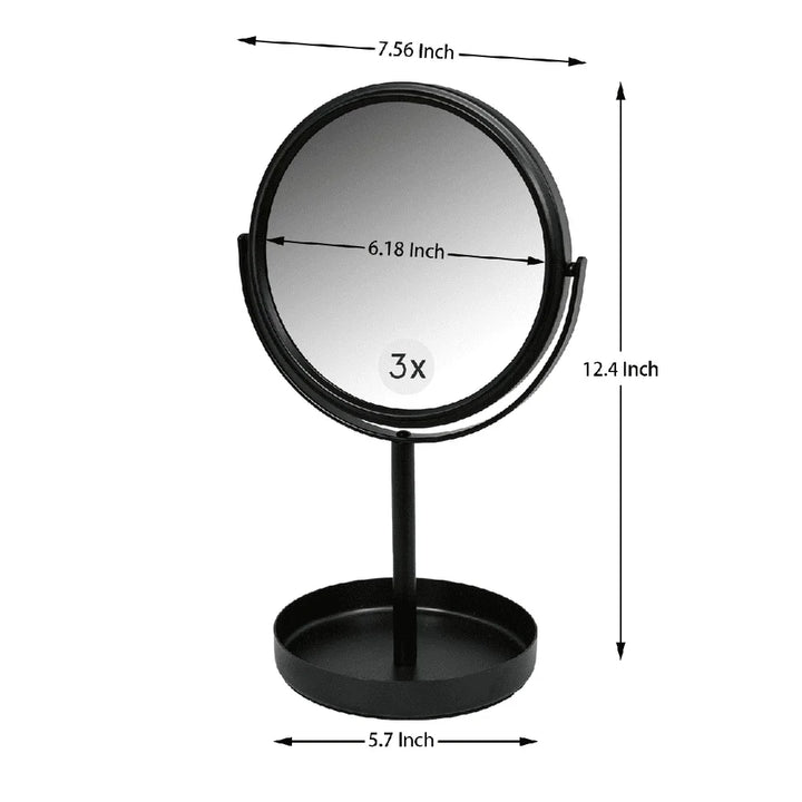 Dual-Sided Vanity Mirror 360 Degree Swivel Compact Design Freestanding Durable Metal Construction Elegant Makeup Organizer Tray