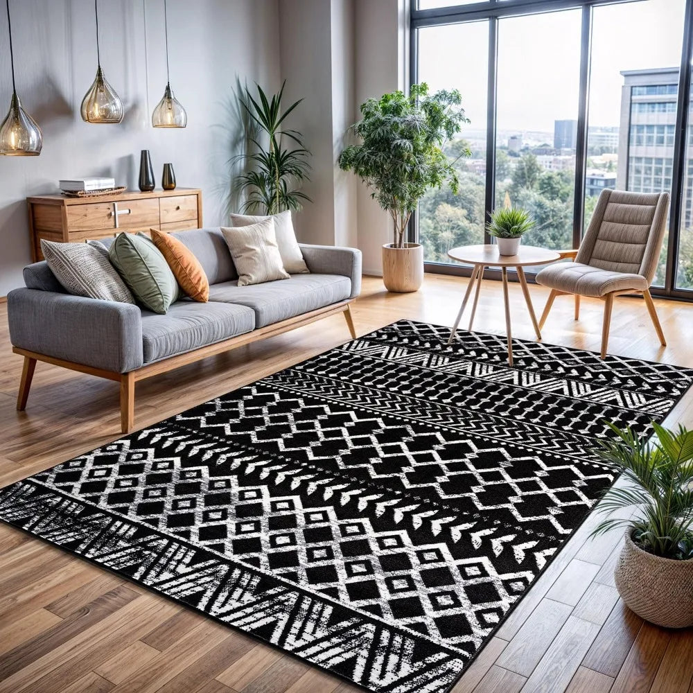 Boho Moroccan Black and White Rug Geometric Diamond 6x9 Area Rugs for Living Room Bedroom Kitchen Modern Bohemian Soft Stain Re