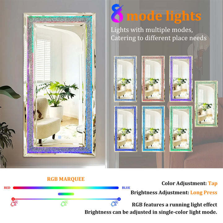 120x60cm LED Full Length Mirror with 7 Colors RGB Lights and Crushed Diamond Full Body Wall Mirror for Living Room, Bedroom