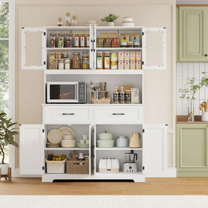 71" Kitchen Pantry Storage Cabinet, Kitchen Hutch with Microwave Stand, Large Pantry Cabinet with Drawers, Glass Doors