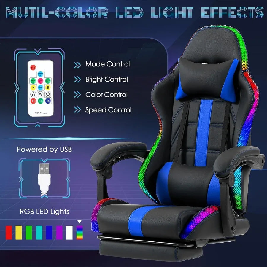Massage Gaming Chair Video Game Chair with LED Lights Ergonomic Computer Chair with Footrest and Lumbar Support High Back Offic