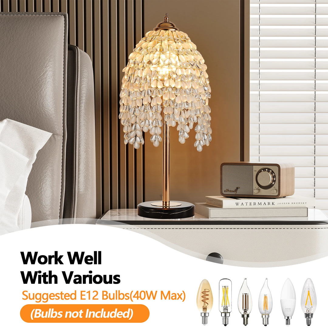 19"Elegant Crystal Table Lamp Vintage Waterfall Design with Crystal Bead String Shades and Marble Textured Base(No Bulb)