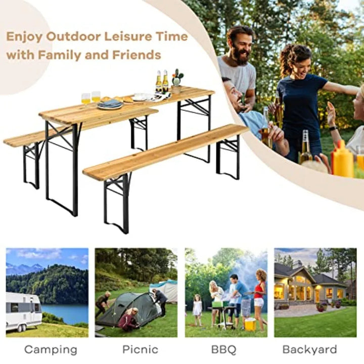 Foldable Picnic Table with Benches 3Piece 70 Portable Beer Garden Table with Sturdy Steel Frame Folding Wooden Picnic Tables f
