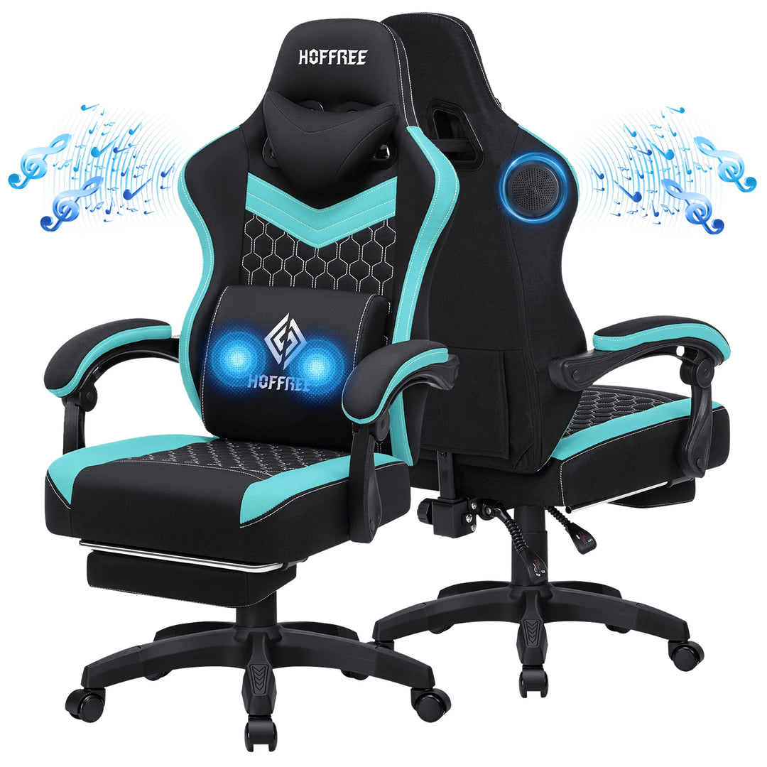 Breathable Gaming Chair With Lumbar Cushion Bluetooth Speaker Dual Function Point Massage Height Adjustable Office Computer Chai