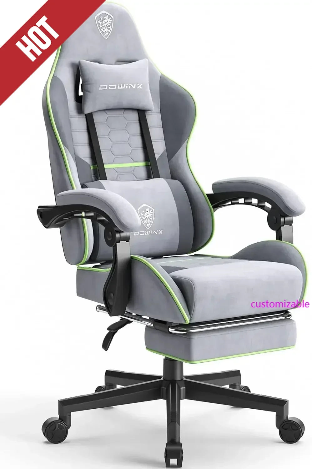 Hot-Gaming Chair Fabric with Pocket Spring Cushion, Massage Game Chair Cloth with Headrest, Ergonomic Computer Chair, Light Grey