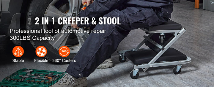 SucceBuy Z-Creeper Seat 2 in 1 Rolling Folding Car Creeper/Stool Low Profile  with 6 pcs Wheels for Garage Shop Auto Repair
