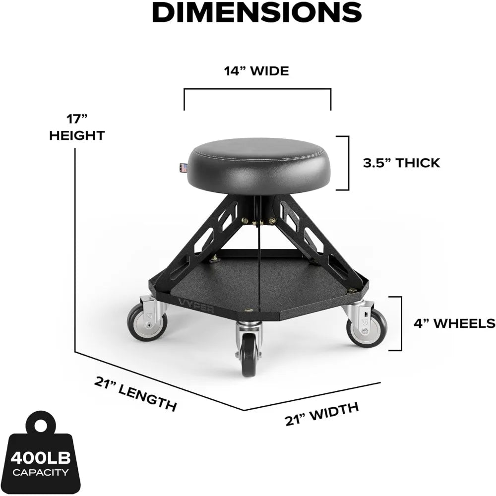 Robust Steel Pro Shop Chair for Mechanics, Automotive, DIY - 400 lb Capacity Garage Stool, Large Wheels (Black Seat, Blue Frame)