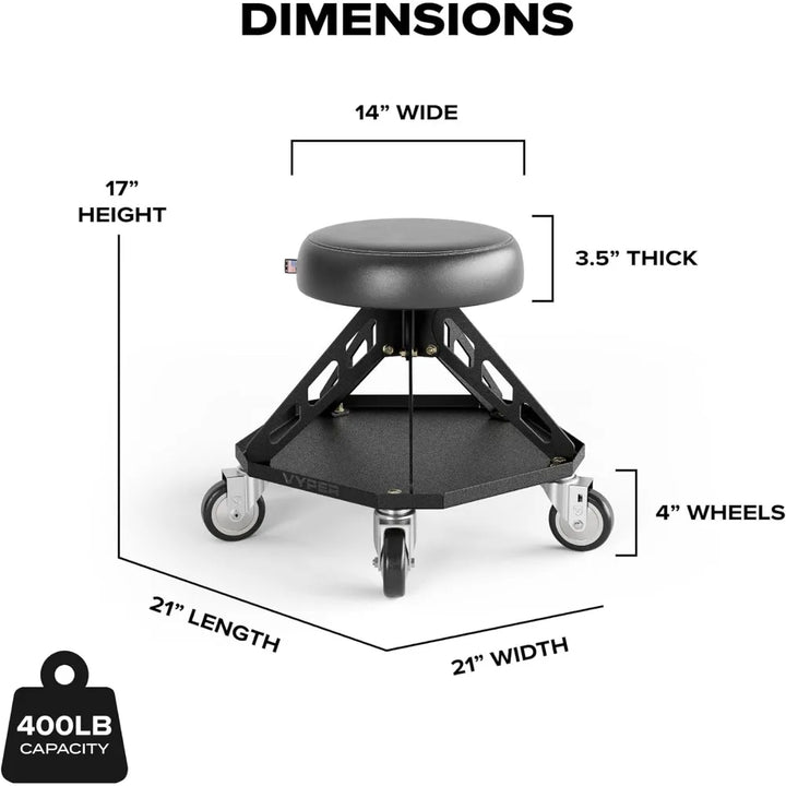 Robust Steel Pro Shop Chair for Mechanics, Automotive, DIY - 400 lb Capacity Garage Stool, Large Wheels (Black Seat, Blue Frame)