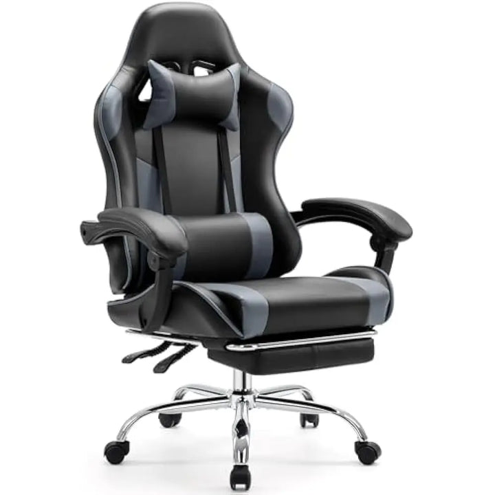Video Game Desk Chair w/Footrest and Comfy Lumbar Support, PU Leather Recliner with Headrest, Height Adjustable with 360° Swivel