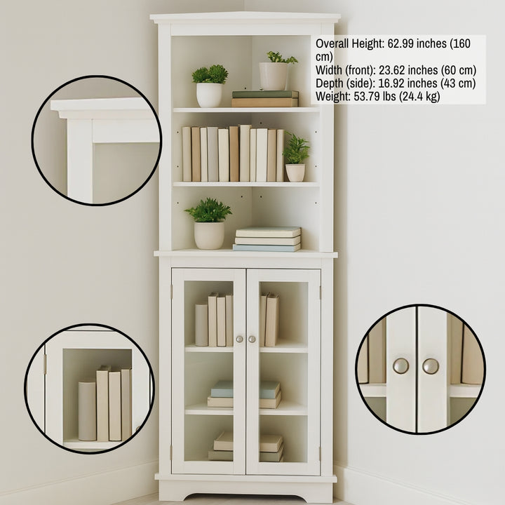 VeroCorner Tall Organizer – Glass Double Doors & Adjustable Shelves | Matte White Corner Cabinet | Trufairs