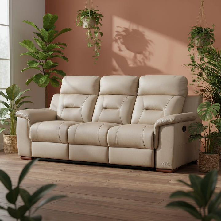 90-Inch Beige Faux Leather Manual Reclining Sofa - 3-Seater with 750lb Capacity & Brown Steel Legs