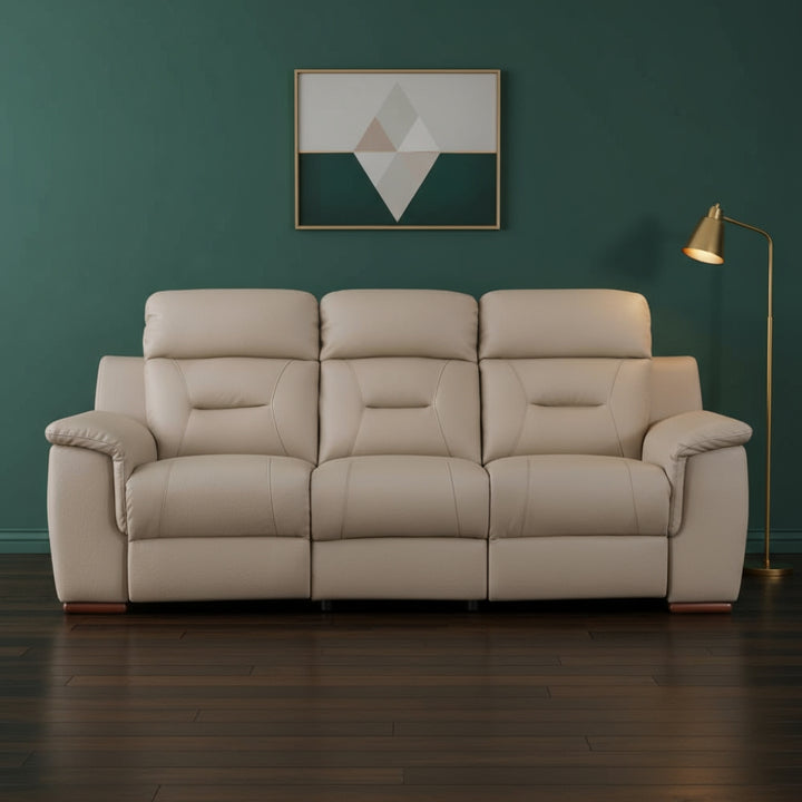 90-Inch Beige Faux Leather Manual Reclining Sofa - 3-Seater with 750lb Capacity & Brown Steel Legs