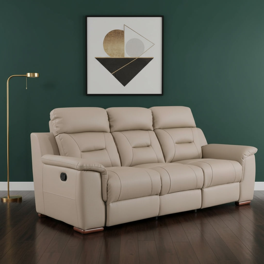 90-Inch Beige Faux Leather Manual Reclining Sofa - 3-Seater with 750lb Capacity & Brown Steel Legs