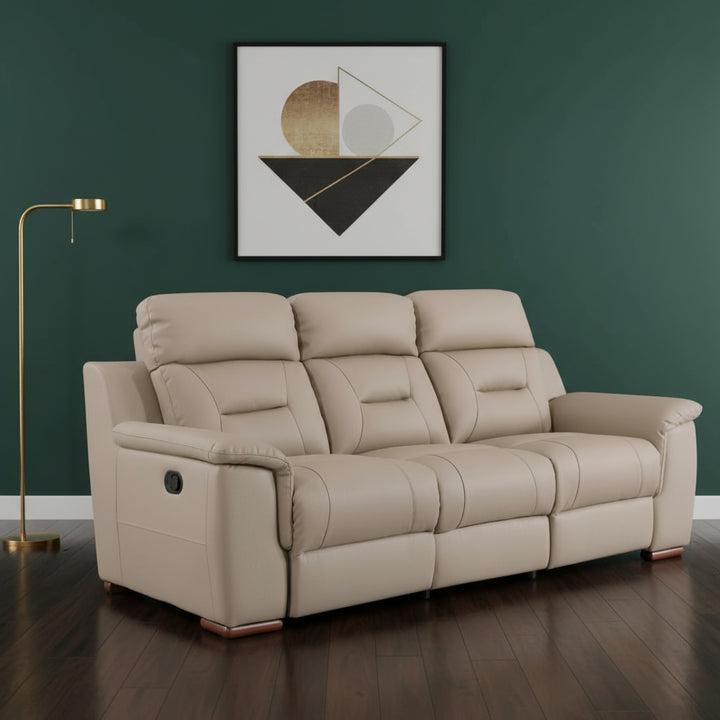 90-Inch Beige Faux Leather Manual Reclining Sofa - 3-Seater with 750lb Capacity & Brown Steel Legs
