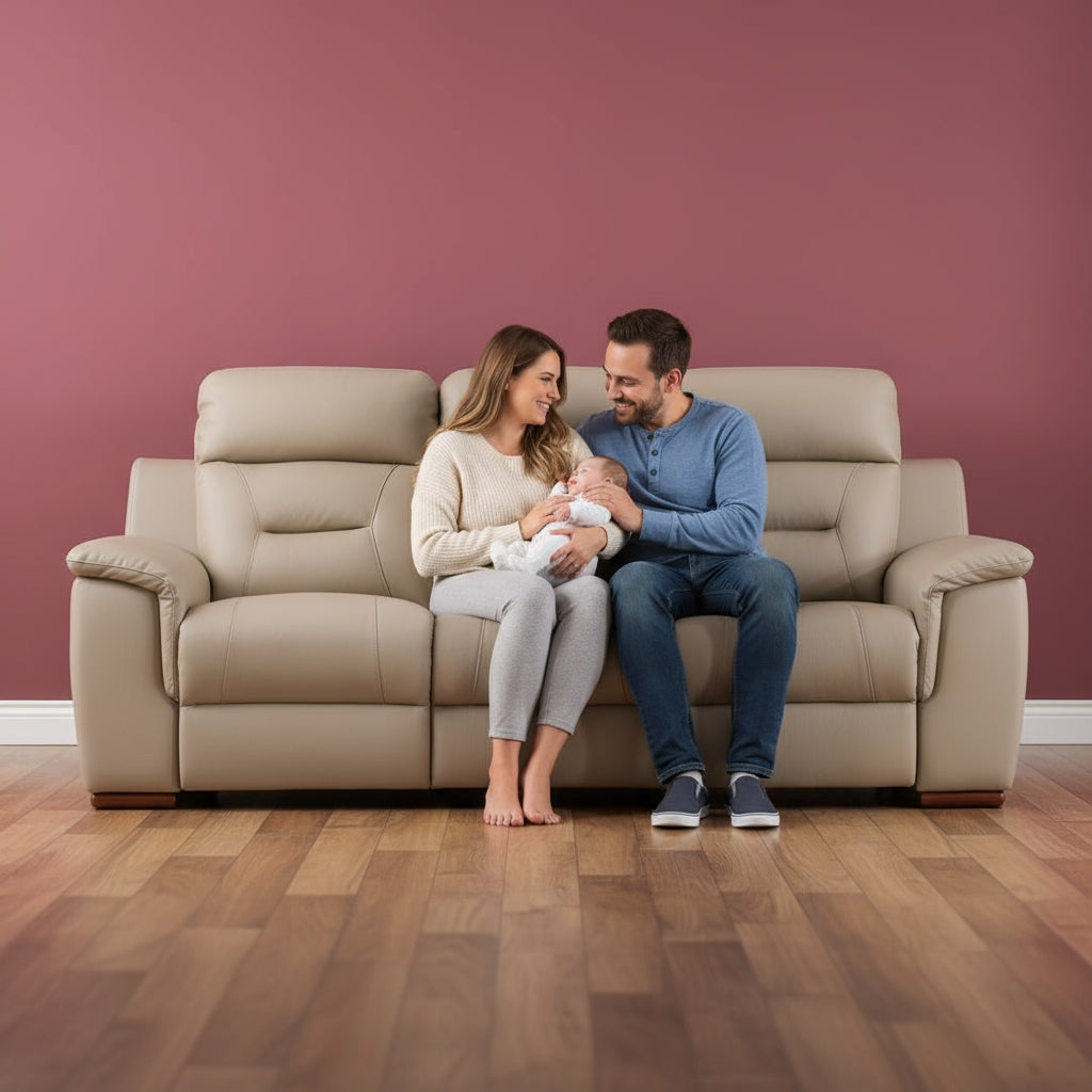 90-Inch Beige Faux Leather Manual Reclining Sofa - 3-Seater with 750lb Capacity & Brown Steel Legs
