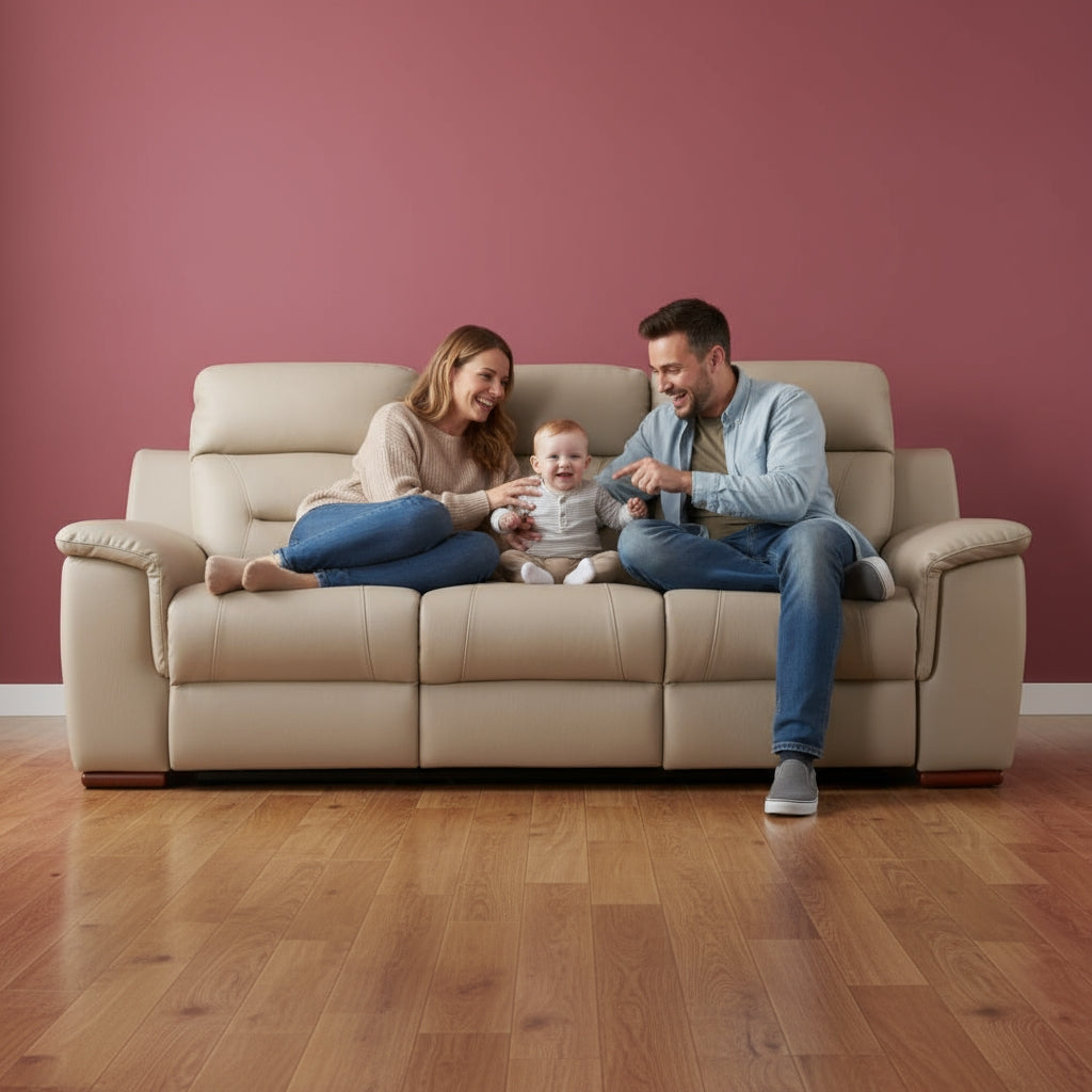 90-Inch Beige Faux Leather Manual Reclining Sofa - 3-Seater with 750lb Capacity & Brown Steel Legs