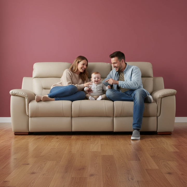 90-Inch Beige Faux Leather Manual Reclining Sofa - 3-Seater with 750lb Capacity & Brown Steel Legs