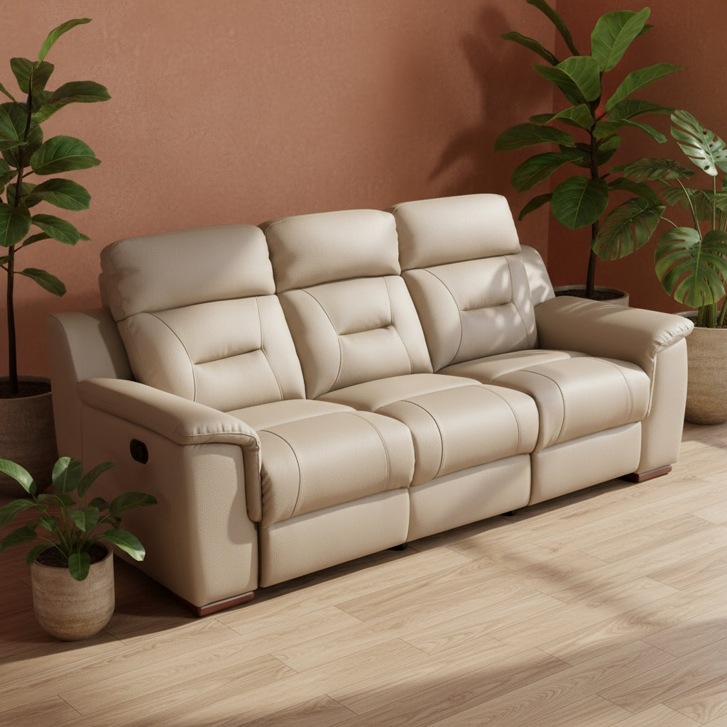 90-Inch Beige Faux Leather Manual Reclining Sofa - 3-Seater with 750lb Capacity & Brown Steel Legs