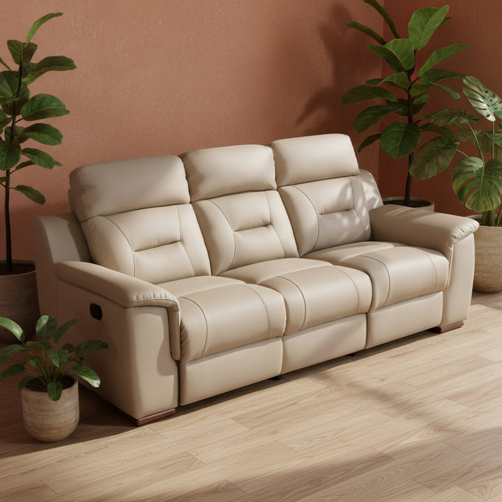 90-Inch Beige Faux Leather Manual Reclining Sofa - 3-Seater with 750lb Capacity & Brown Steel Legs
