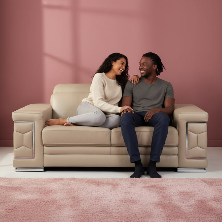 90-Inch Beige Faux Leather Manual Reclining Sofa - 3-Seater with 750lb Capacity & Brown Steel Legs