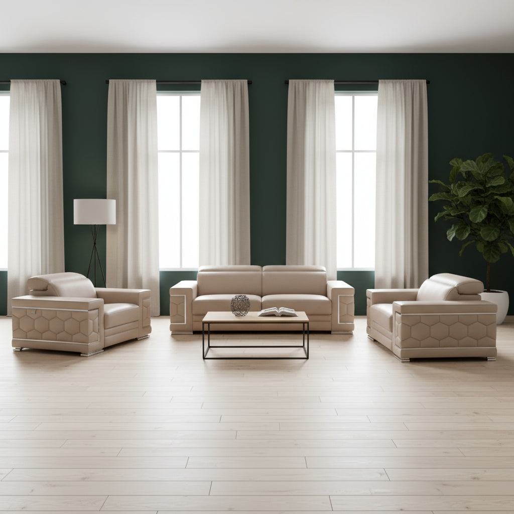 Luxury Beige Italian Leather Living Room Set - 3-Piece Coil Spring Sofa with Wood Frame