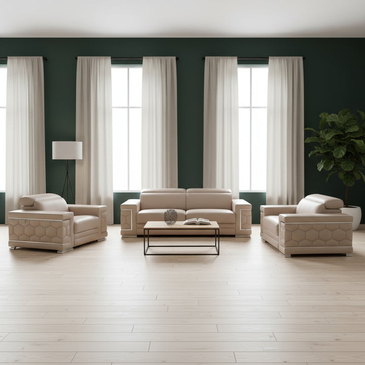Luxury Beige Italian Leather Living Room Set - 3-Piece Coil Spring Sofa with Wood Frame
