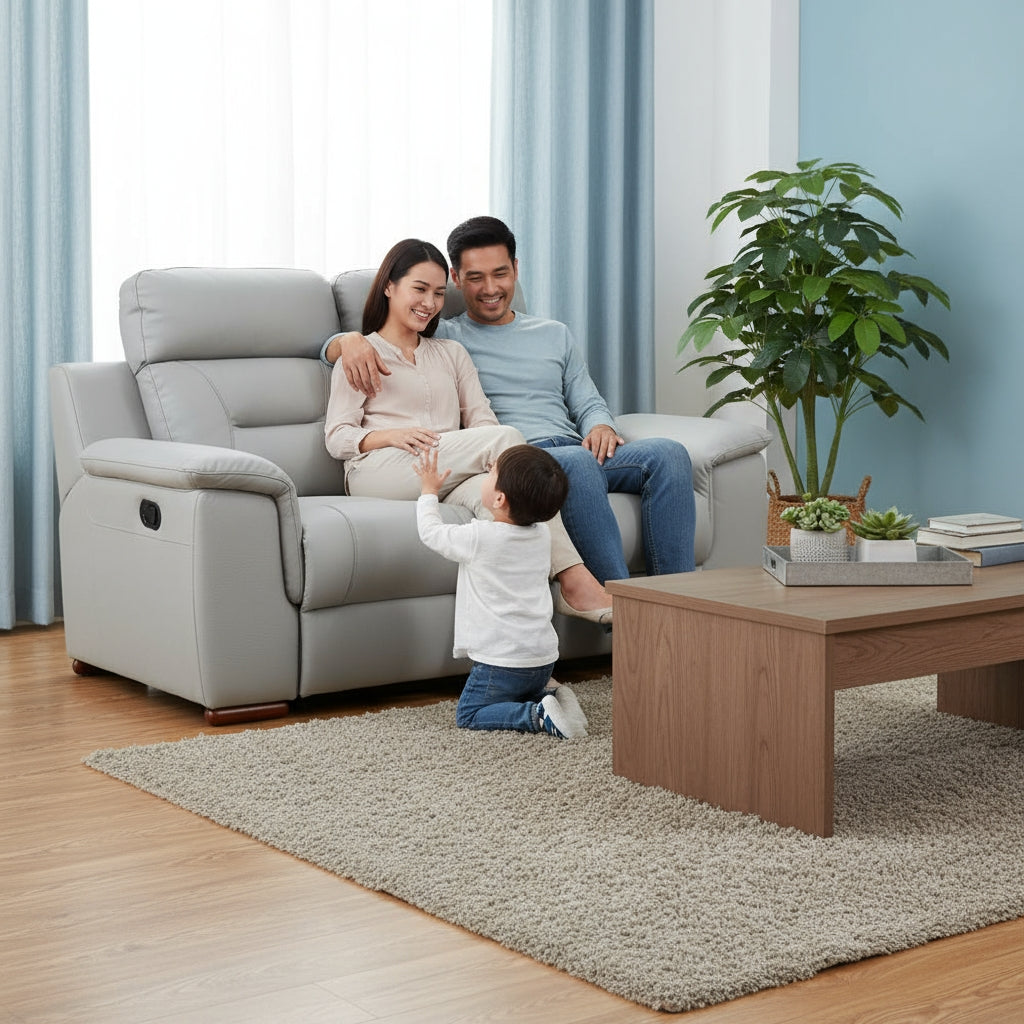 Two Piece Indoor Gray Genuine Leather Five Person Seating Set