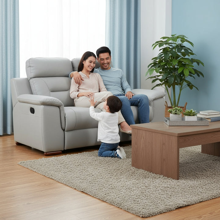 Two Piece Indoor Gray Genuine Leather Five Person Seating Set