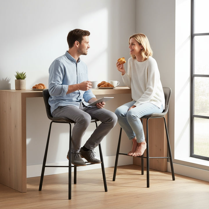 Set of Two 30" Gray And Black Steel Low Back Bar Height Bar Chairs