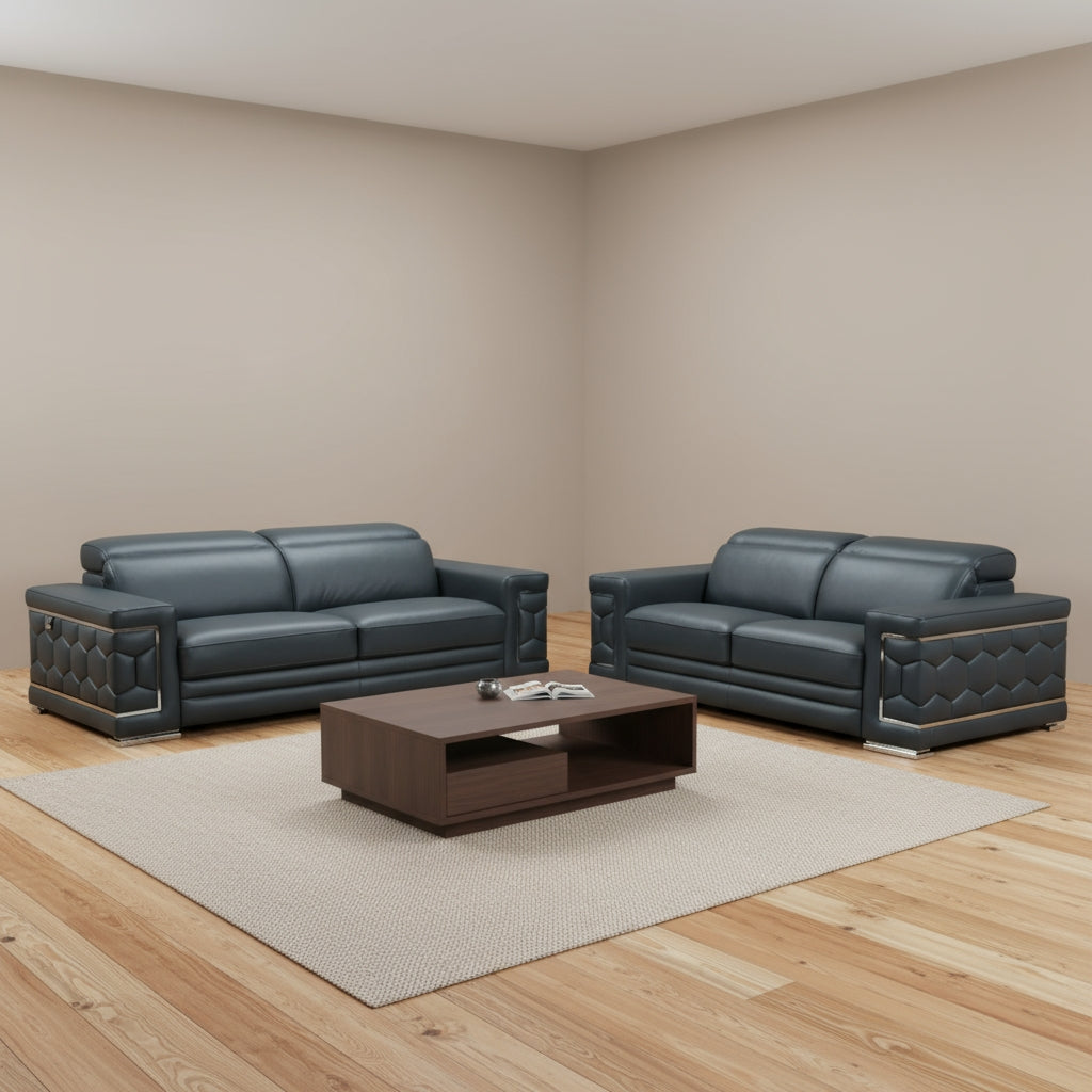 Dark Gray Italian Leather 5-Person Sofa and Loveseat Set with Coil Spring Construction