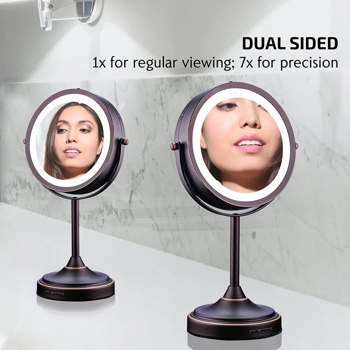 7 Inch Lighted Tabletop Makeup Mirror 1X 7X Magnification Dual Sided Swivel LED Battery Powered Great Vanity Bath Bedroom