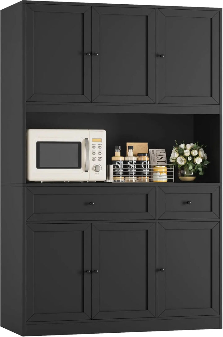 72" Kitchen Pantry Cabinet, Kitchen Hutch with Microwave Stand, Buffet Cabinet with Hutch for Dining Room, Black