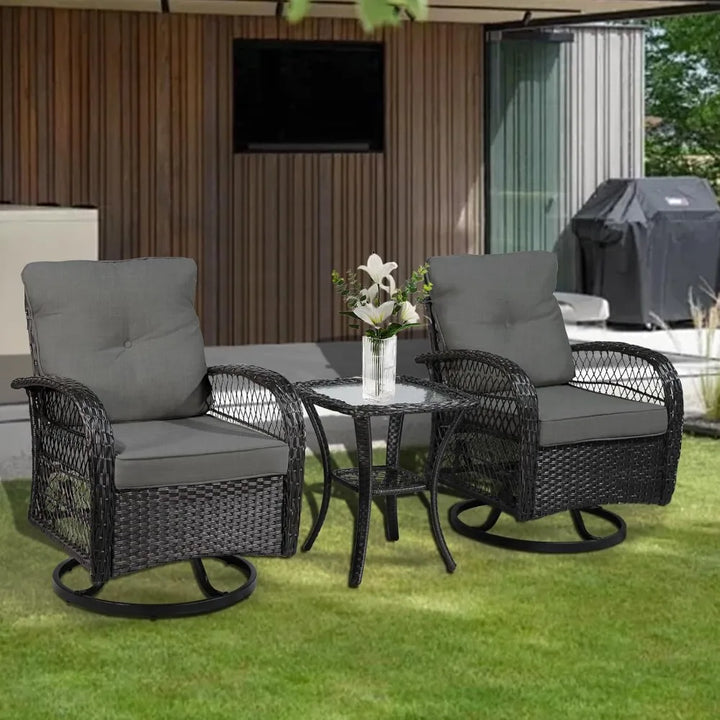 SHGJ&SOFT 3 Pieces Patio Furniture Set, Outdoor Wicker Patio Chairs with Thick Cushions and Glass Coffee Table, PE Rattan Conver