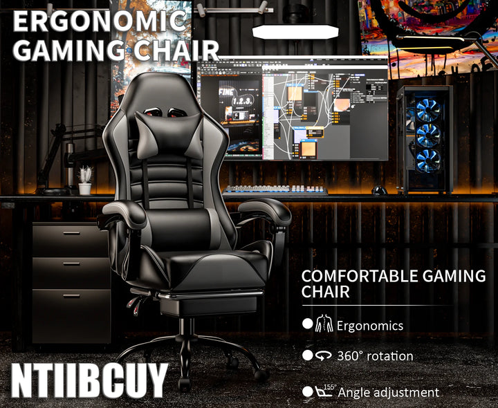 Ergonomic Gaming Chair with Footrest, Racing Style Video Game Chair for Adults, Reclining Gamer Chair Office Chair