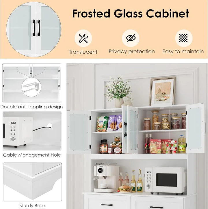 71" Kitchen Pantry Storage Cabinet, Kitchen Hutch with Microwave Stand, Large Pantry Cabinet with Drawers, Glass Doors