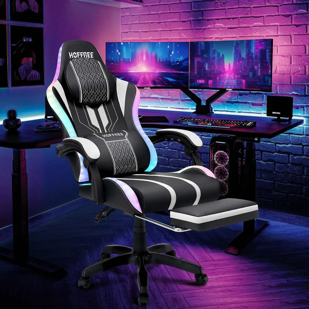 Gaming Chair Office Chair Ergonomic Bluetooth Speaker LED Lights Massage  Adjustable Height Armrests Headrest Lumbar Support