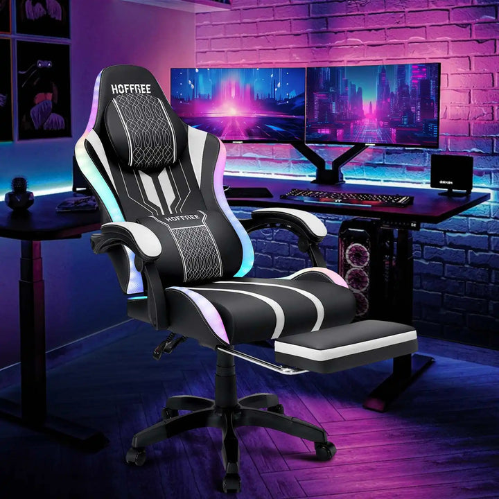 Gaming Chair Office Chair Ergonomic Bluetooth Speaker LED Lights Massage  Adjustable Height Armrests Headrest Lumbar Support