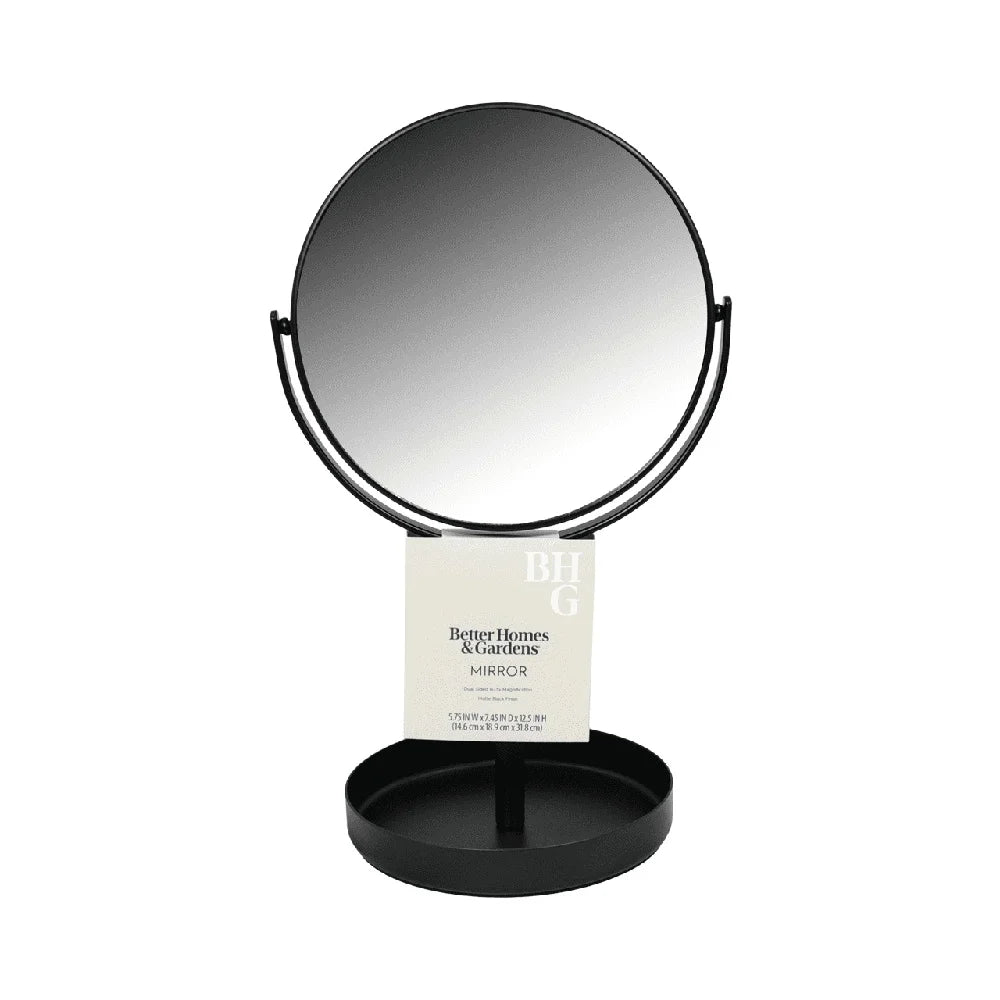 Dual-Sided Vanity Mirror 360 Degree Swivel Compact Design Freestanding Durable Metal Construction Elegant Makeup Organizer Tray