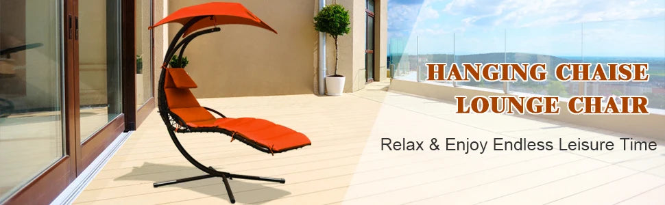 Hanging Chaise Lounger Chair, Arc Stand Porch Swing Chair W/Canopy, Cushion Built-in Pillow, Freestanding Swing Hammock Chair
