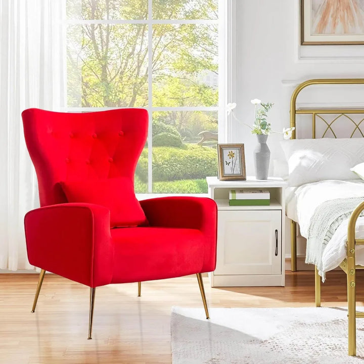 Velvet Accent Arm Chair, Mid-Century Modern Living Room Chair, Wingback Bedroom Side Chair with Gold Legs & Pillow, Button-Tufte