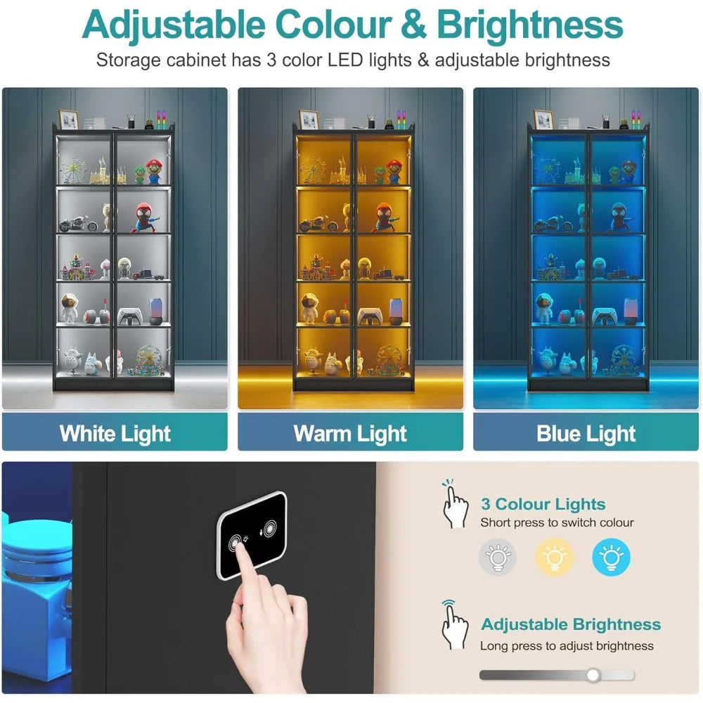 66" Display Cabinet with LED Lights, 5 Tier Curio Cabinet Bookcase with Adjustable Shelves, Tall Storage Cabinet with Human Bod
